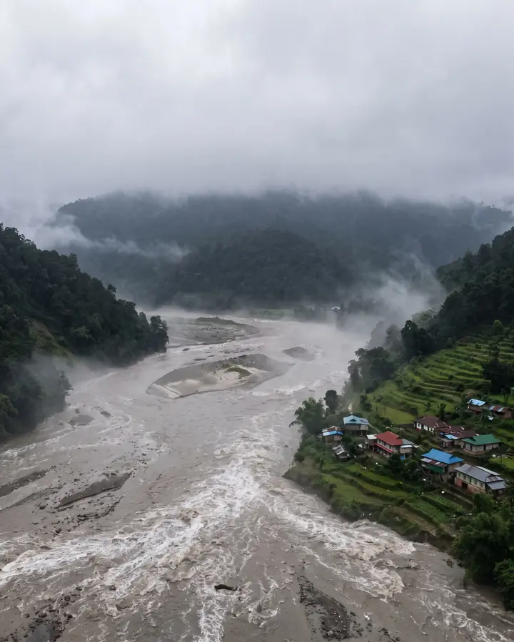 A huge muddy flood filling a mountain valley beside a village on green terraces.