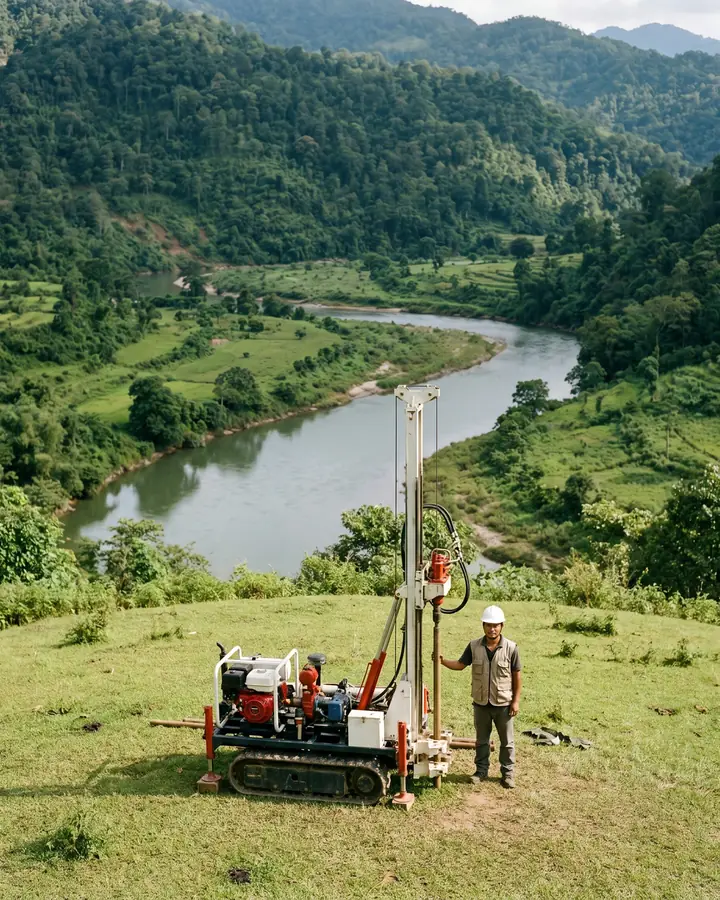 NHPC has been engaged by Government of India only to do the PFR. It takes 3 to 6 months: four machines drill to collect rock samples. There is no loss and no effect on the environment, on the people or on anyone. A small drilling machine on a grassy riverbank with one worker standing beside it, a river and forested hills behind.