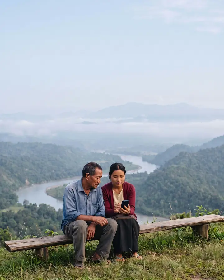 An older man in a blue checked shirt and a younger woman in a maroon cardigan sitting on a wooden bench at a hillside viewpoint, looking at a phone together, with a river valley below.