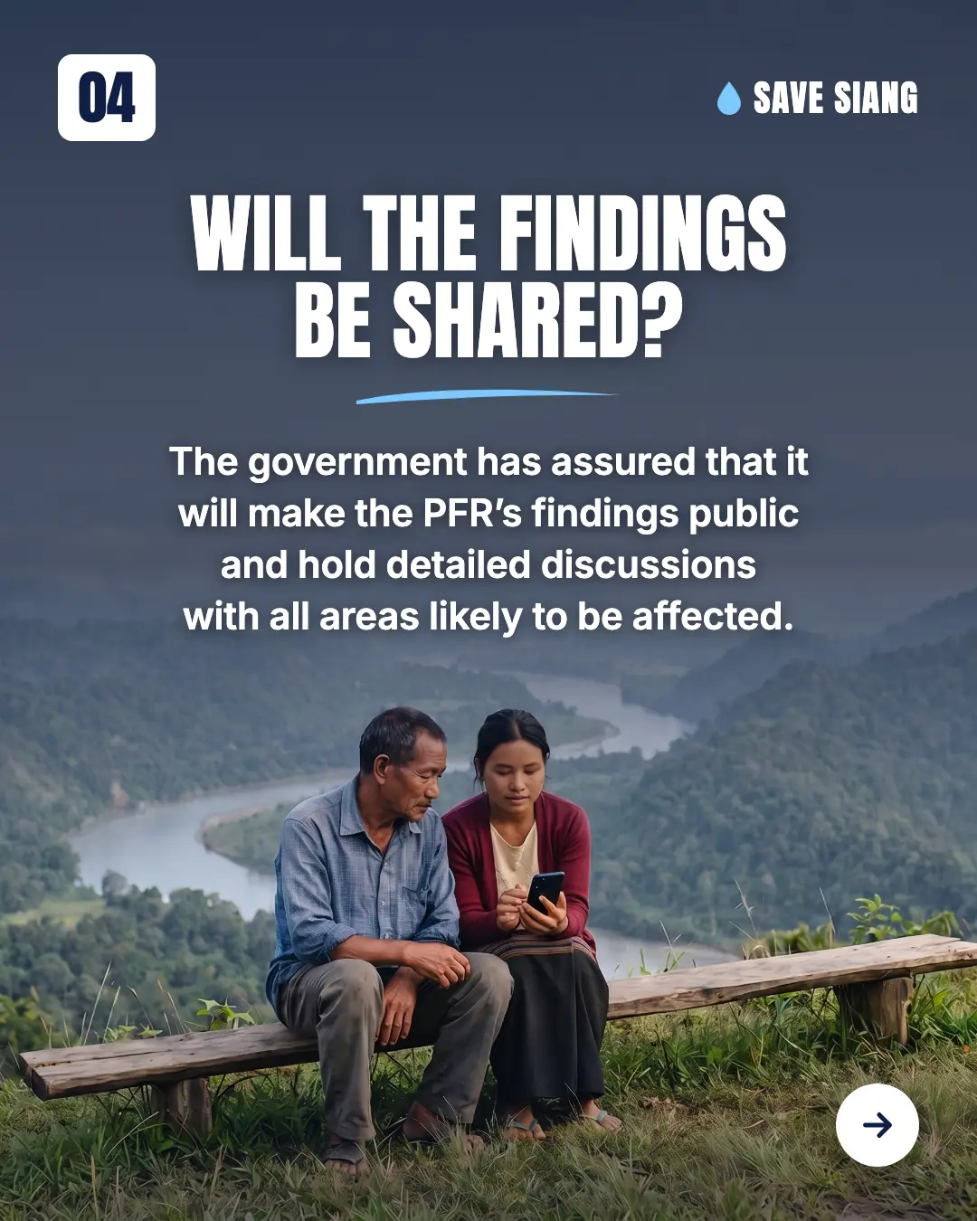 Will the findings be shared? The government has assured that it will make the PFR’s findings public and hold detailed discussions with all areas likely to be affected. An older man in a blue checked shirt and a younger woman in a maroon cardigan sitting on a wooden bench at a hillside viewpoint, looking at a phone together, with a river valley below.
