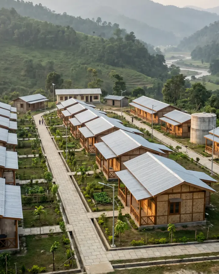 A new hillside colony of finished houses with tin roofs and gardens.