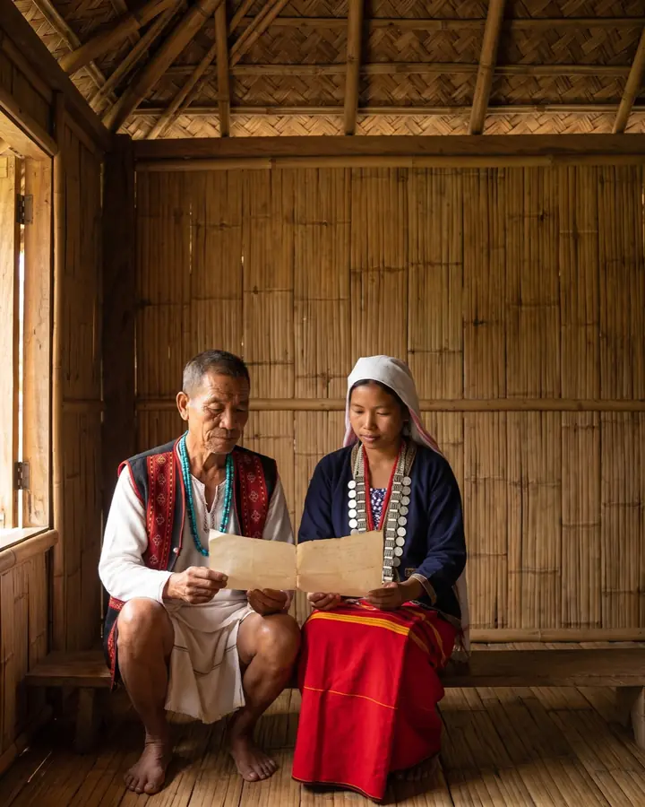 An Adi elder reading a document