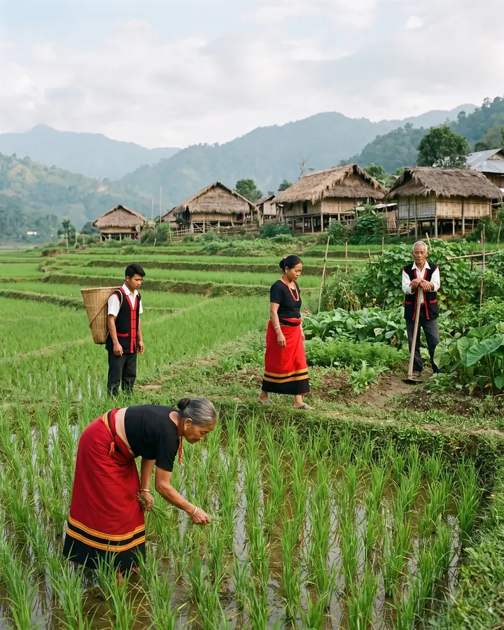 Green paddy terraces beside a thatched Adi village; four villagers in Adi dress work apart (an elder woman weeding in the paddy, a young man with a cane basket, a woman on the bund, an old man with a hoe in the garden)