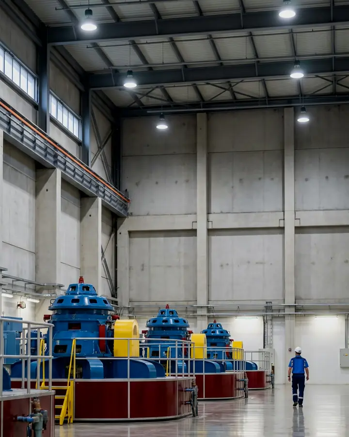 The inside of a hydropower station: a row of large generator units in a bright machine hall.