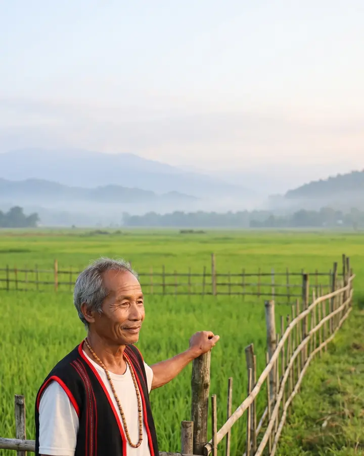 An elderly Adi man in a woven Adi jacket smiles, one hand on a bamboo fence beside his green paddy field.