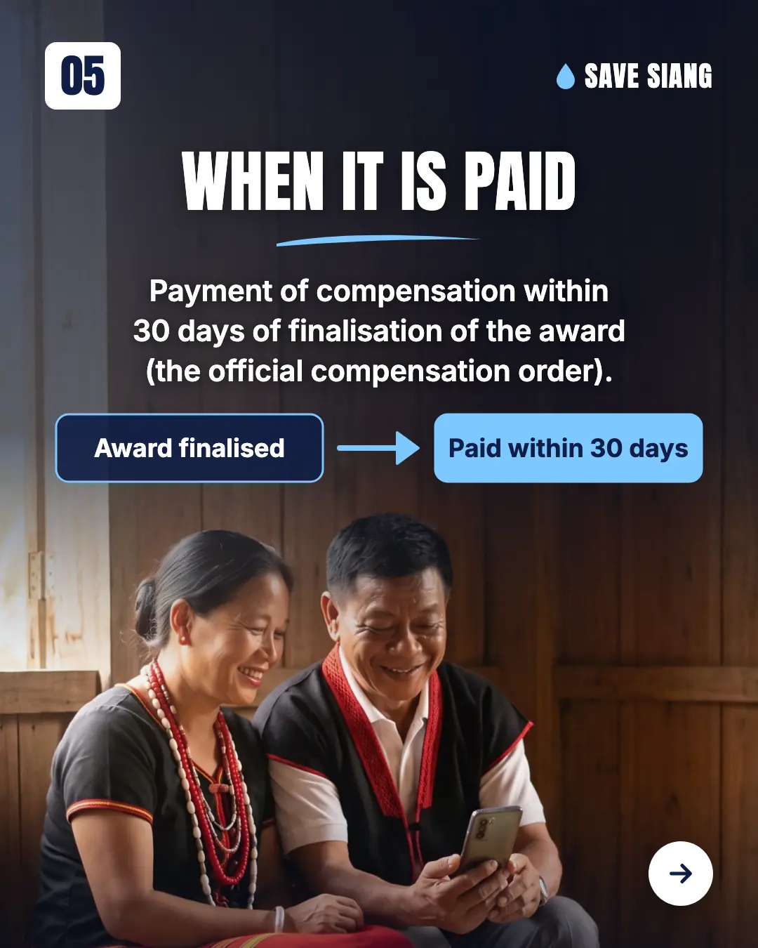 An Adi couple in Adi dress sits on a wooden bench at home in warm window light, smiling at a mobile phone. Text: "When it is paid. Payment of compensation within 30 days of finalisation of the award (the official compensation order)." Two boxes joined by an arrow: "Award finalised" then "Paid within 30 days" (highlighted in light blue).