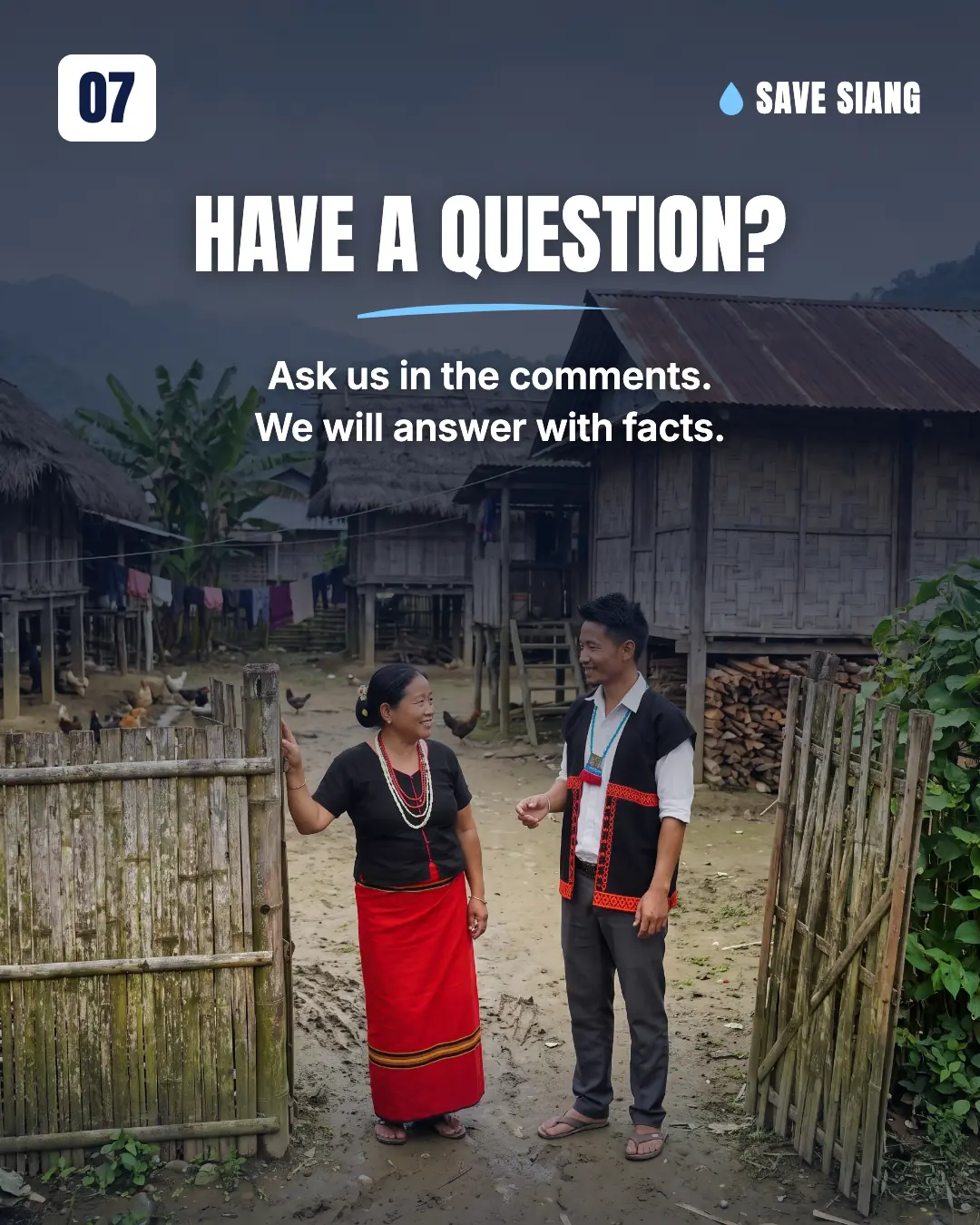 Two Adi neighbours chat and smile at a bamboo village gate: a woman in a black blouse and red skirt, and a young man in a white shirt, black Adi jacket with a woven red border and grey trousers; old thatched and tin-roof houses, a clothesline and chickens behind them. Text: "Have a question? Ask us in the comments. We will answer with facts."