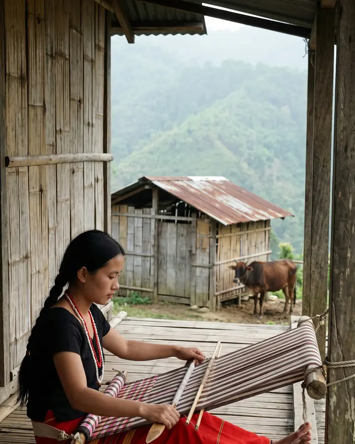 A young Adi woman with a long braid sits on her bamboo verandah weaving striped cloth on a traditional back-strap loom tied to a wooden post; a small cattle shed with a tin roof and a brown cow are behind her.