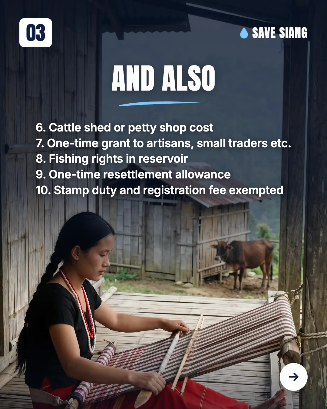 A young Adi woman with a long braid sits on her bamboo verandah weaving striped cloth on a traditional back-strap loom tied to a wooden post; a small cattle shed with a tin roof and a brown cow are behind her. Text: "And also: 6. Cattle shed or petty shop cost 7. One-time grant to artisans, small traders etc. 8. Fishing rights in reservoir 9. One-time resettlement allowance 10. Stamp duty and registration fee exempted."