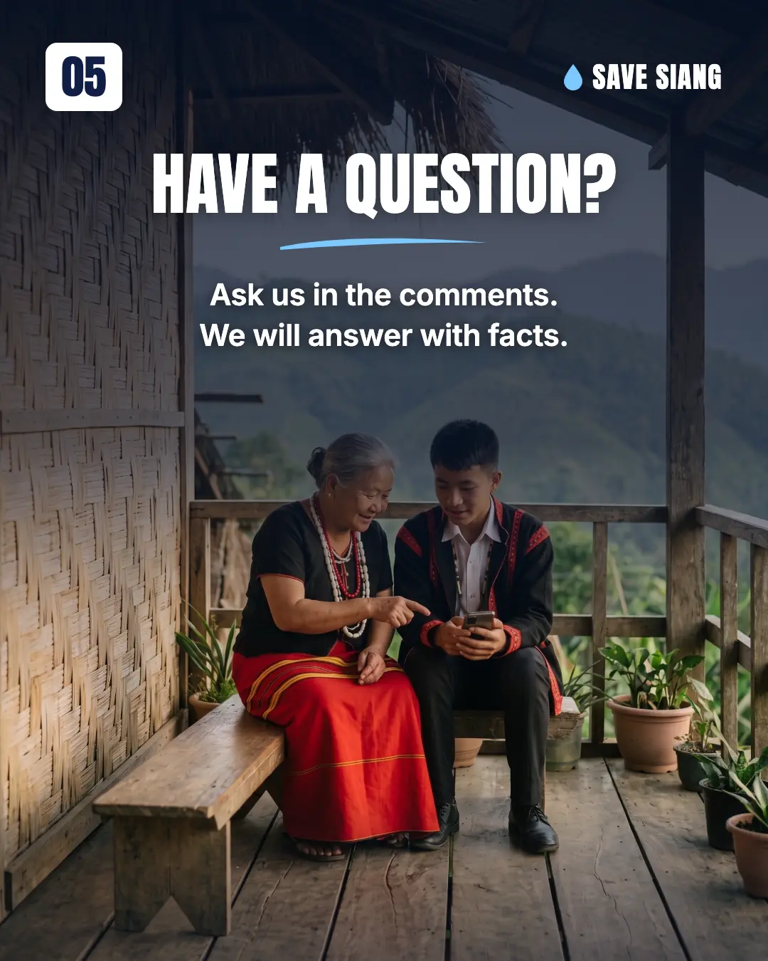 On a wooden verandah, an Adi grandmother smiles and points at a phone her teenage grandson is typing on. Text: "Have a question? Ask us in the comments. We will answer with facts."