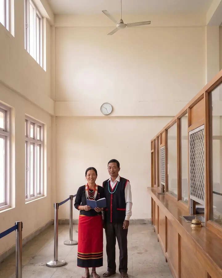 An Adi couple in Adi dress stands smiling at a bank counter, the woman holding an open passbook.