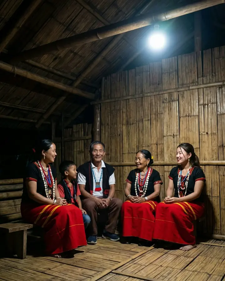 An Adi family in Adi dress sits together on a bench inside their bamboo home under a glowing light bulb: a smiling grey-haired older man, a mother, a small boy, a grandmother and a young woman.