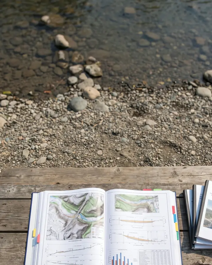 Image, seen from above, of a thick bound project report open on an outdoor table by a river, its pages showing a map, a river cross-section, charts and site photos, three engineers leaning over it; callout 3–4 years, with the timeline bar.