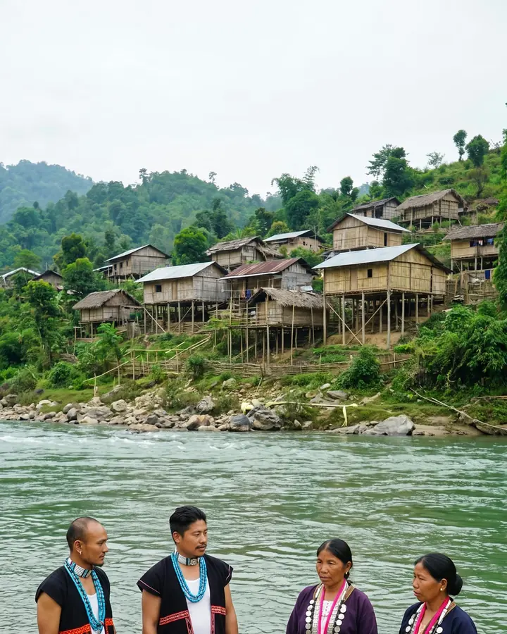 The government has assured: if people do not want the project after the PFR, it stops right there, with no further action. A hillside village above a full calm river with Adi villagers in traditional dress on the bank; callout 14–15 years, the timeline bar, and the highlighted assurance line.